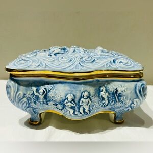 Vintage R. Capodimonte Cherubin Blue and Gold Ceramic Trinket Box